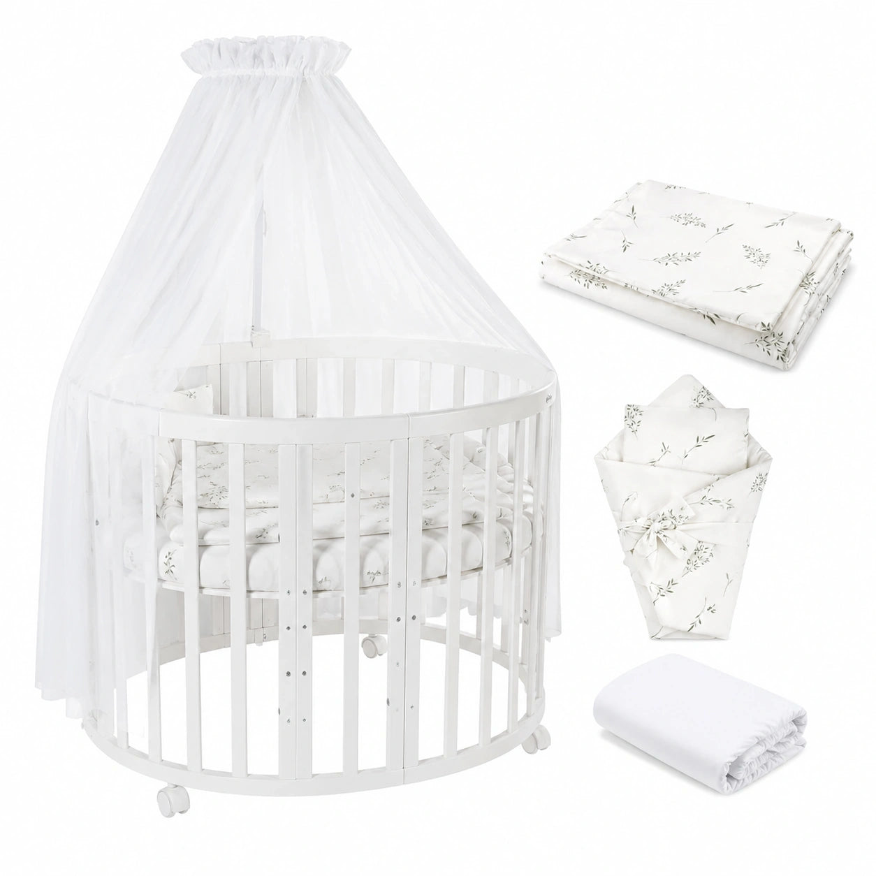 Waldin 7-in-1 Ovales Babybett Set – Mitwachsendes Beistellbett mit Matratze und Wickelkommode, Weißes Holz und Stoff