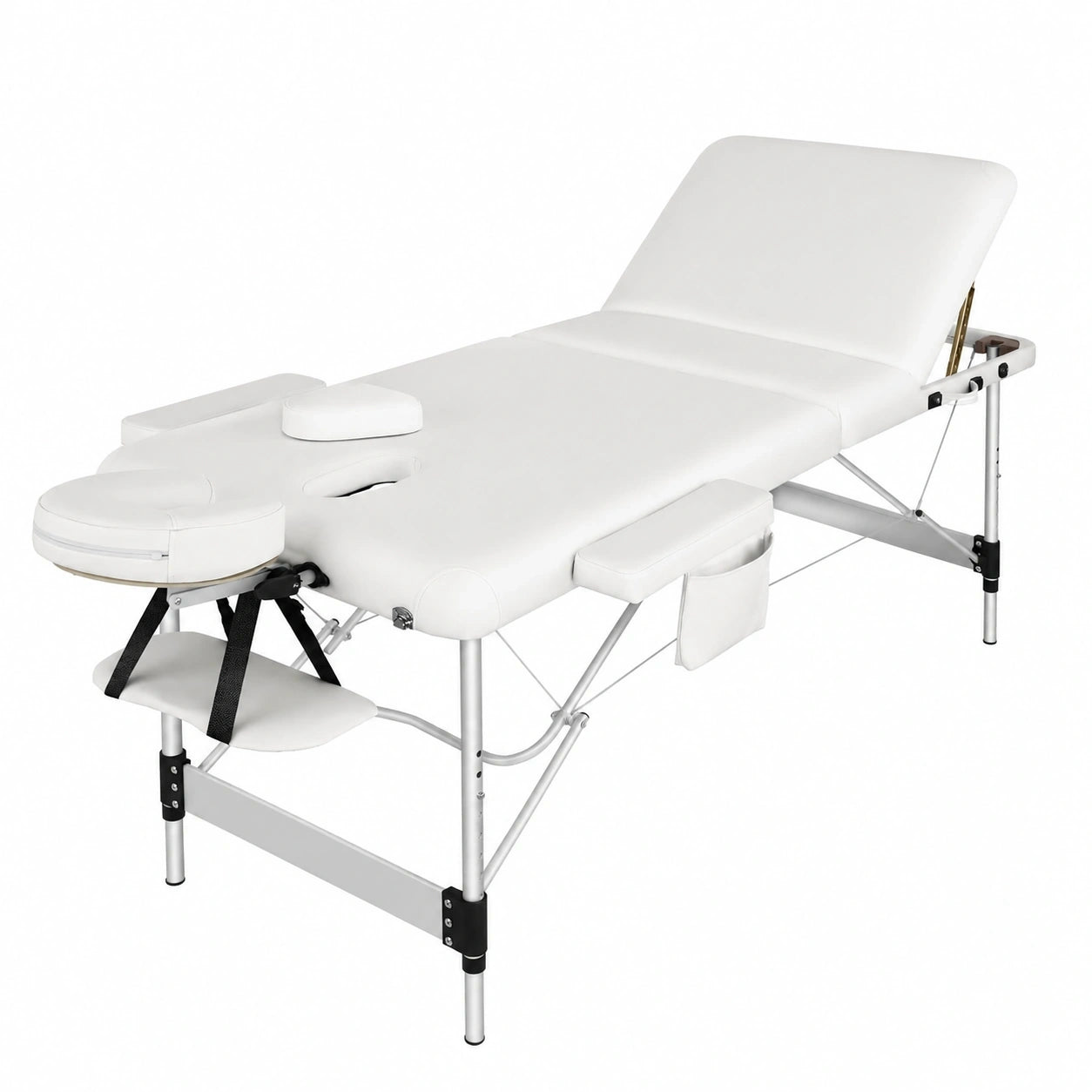 Klapppbare Massageliege aus Aluminium mit Zubehör, höhenverstellbar und tragbar, inkl. Kopfstütze, Armlehnen und Tragetasche - Weiß