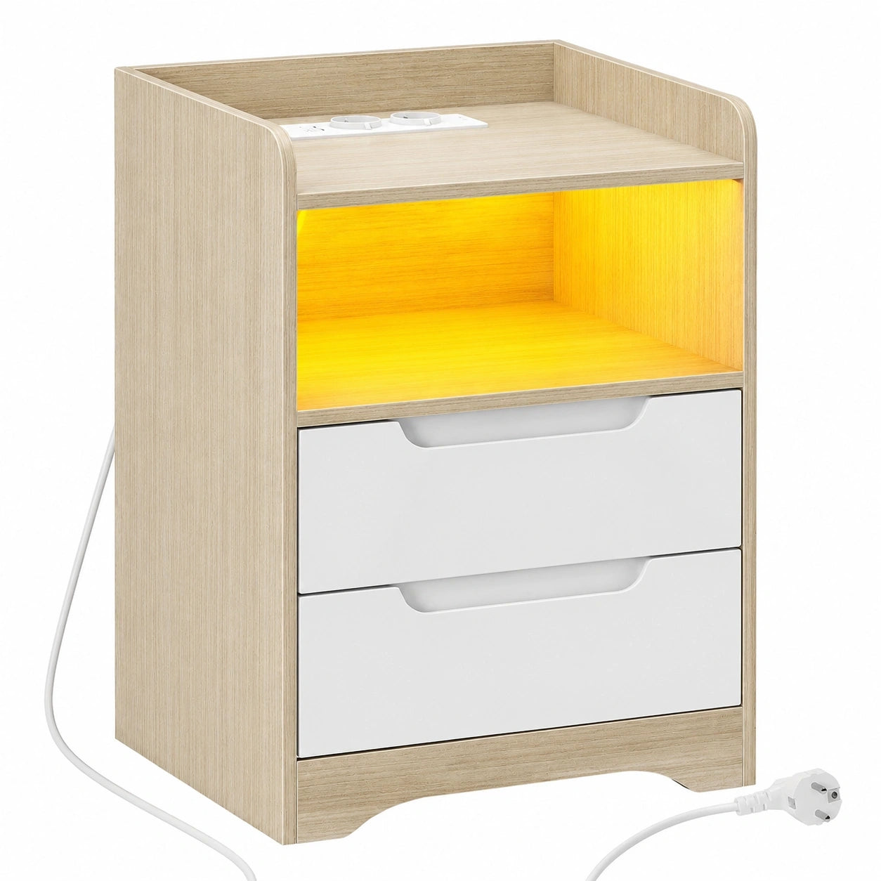 Moderner Nachttisch mit LED und USB, Hell Eiche