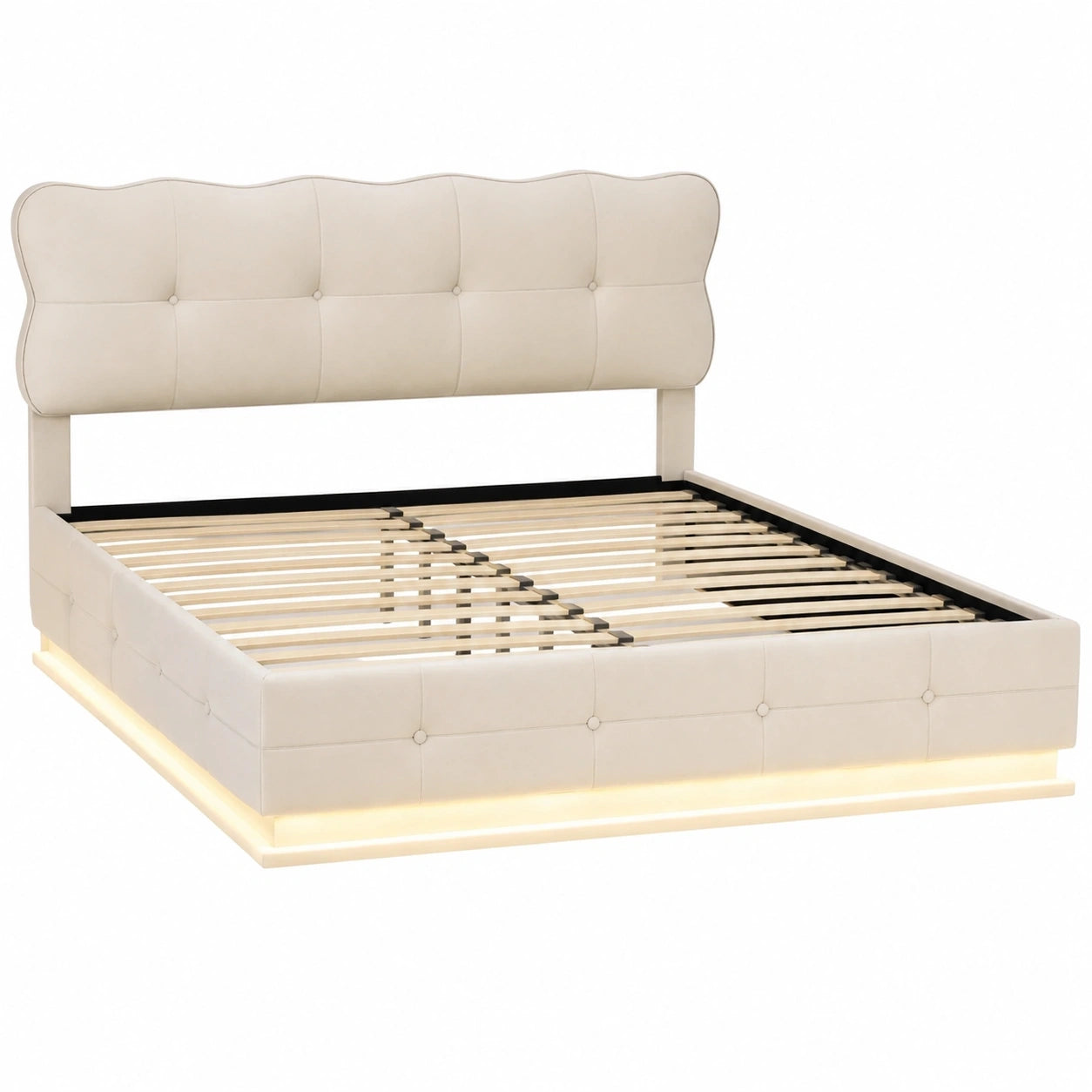 Polsterbett 140x200 cm mit LED und Stauraum, Samtbezug in Beige