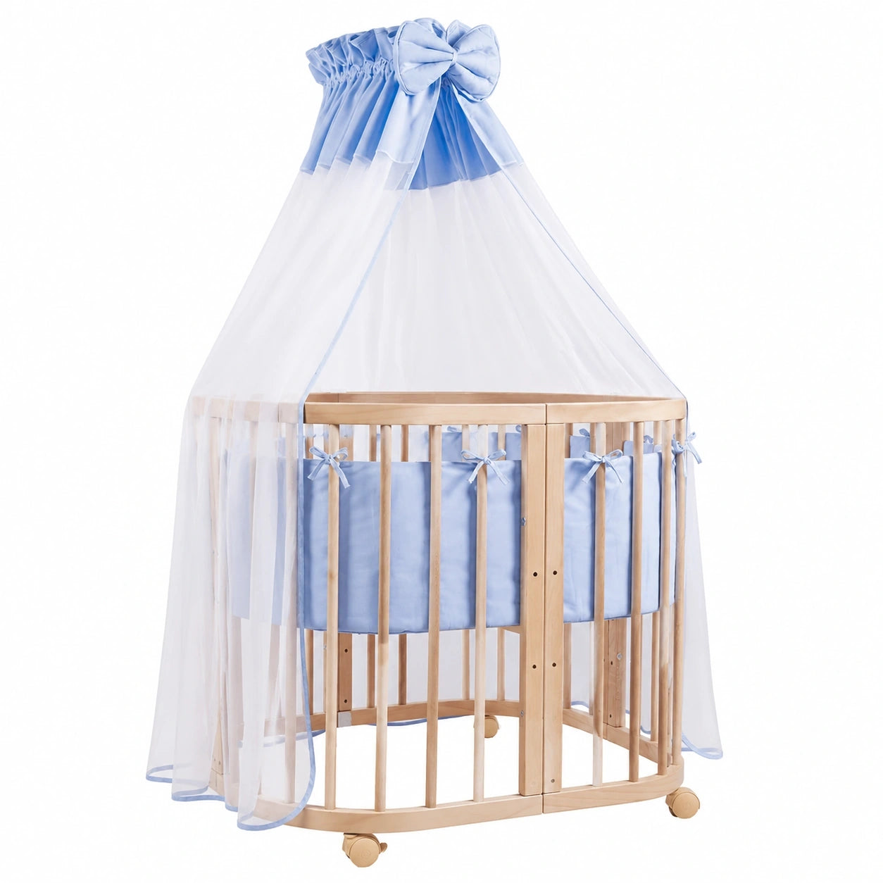 Waldin 7-in-1 Babybett aus Holz, mitwachsend und gut belüftet, inklusive Matratze und verstellbarem Boden, natur/blau