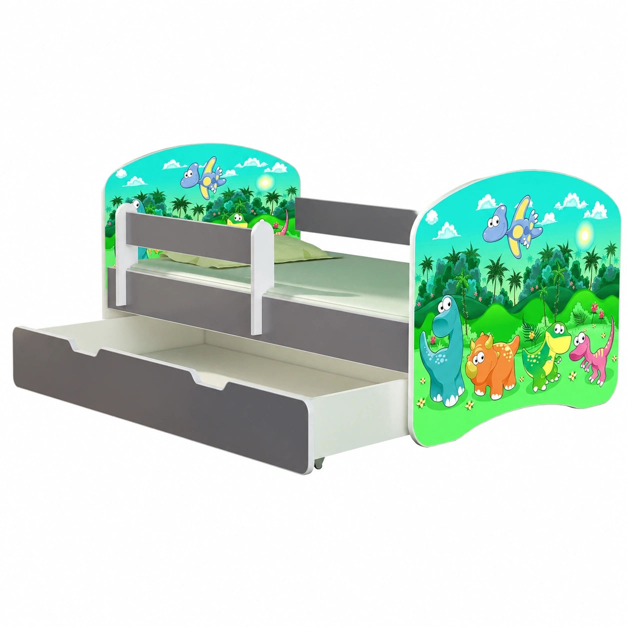 ACMA Kinderbett Grau mit Schublade und Matratze, 160x80 cm, Rausfallschutz und Dinosaurier-Design