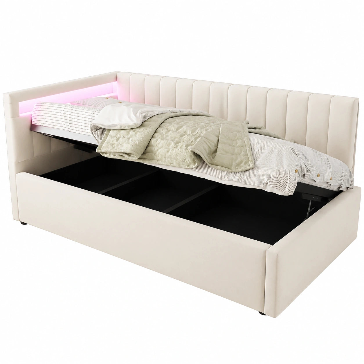 Modernes Polsterbett 90x200 cm mit LED und Stauraum, Verstellbare Seiten, Samt in Beige, Inkl. Lattenrost