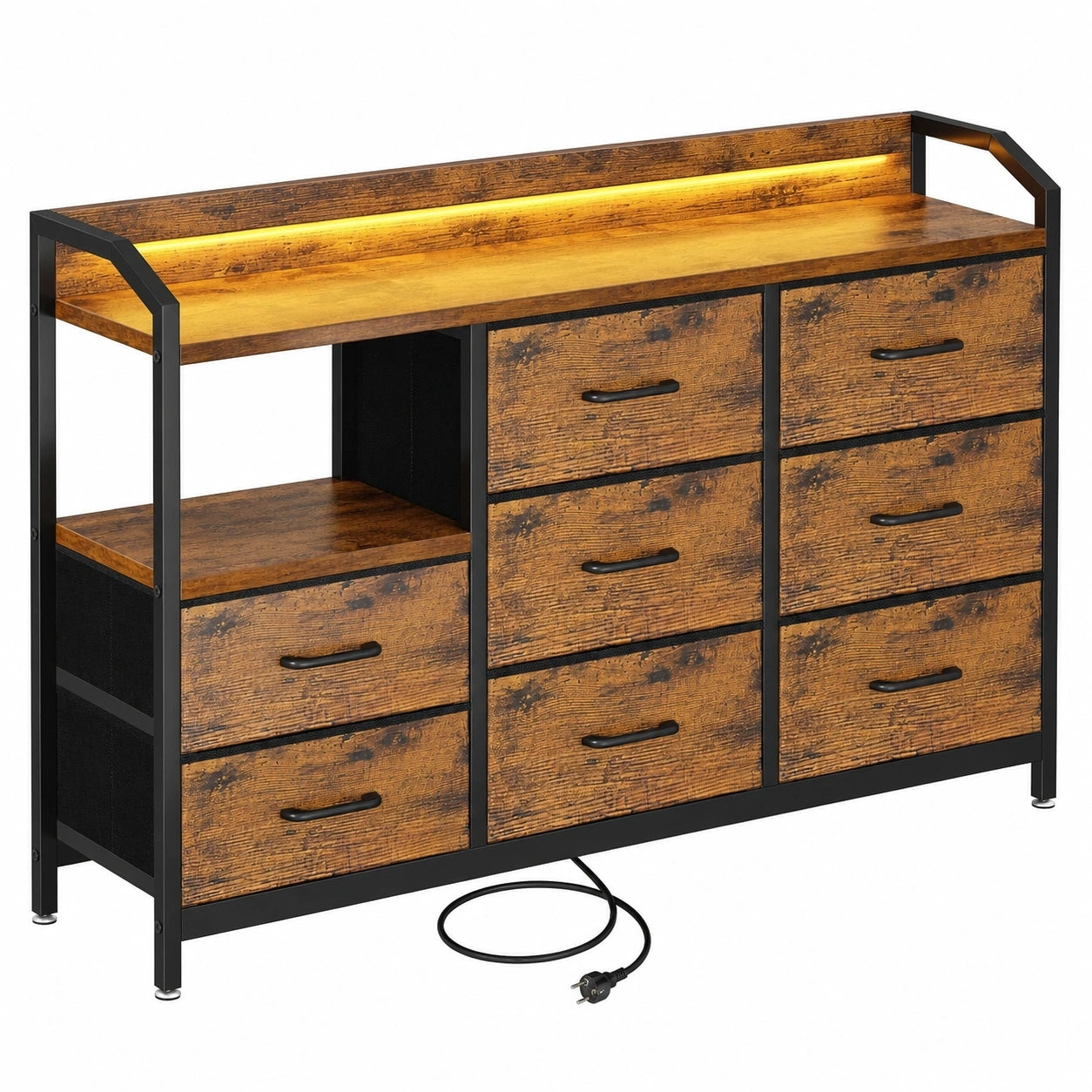 Vintage ODK Kommode mit 8 Stoffschubladen und LED-Beleuchtung, Schrank mit 10 Farboptionen und integrierten USB- und AC-Anschlüssen, für Wohnzimmer und Schlafzimmer, Maße 110x30x88cm