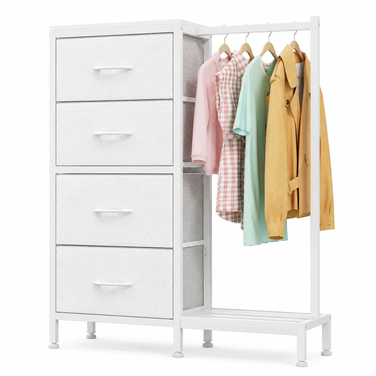 Hohe Kommode mit 4 Stoffschubladen und Kleiderstange, Weißer Schrank für Schlafzimmer und Wohnzimmer