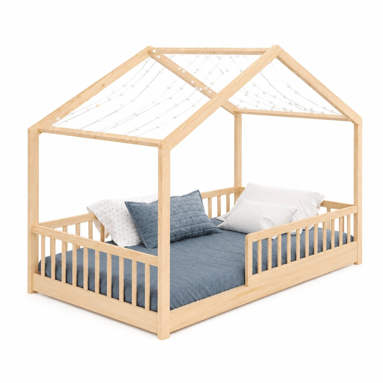 CADANI Kinder-Hausbett 120x200 cm aus Kiefernholz, mit Rausfallschutz und Roll-Lattenrost, bis 200 kg belastbar, Montessori-Stil