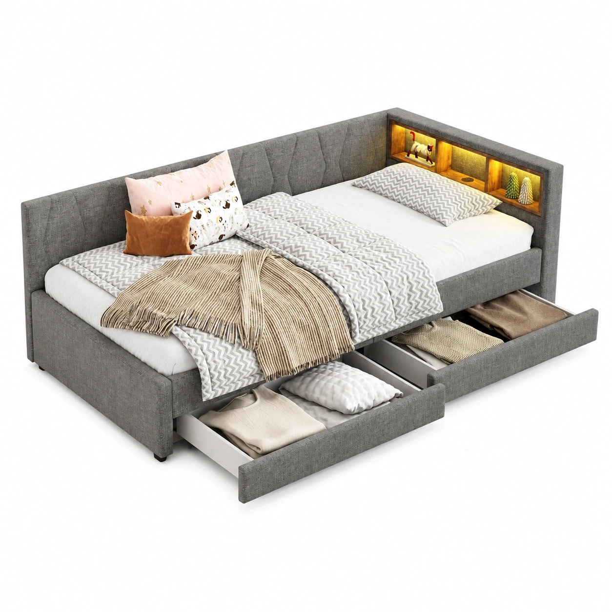 Multifunktionales Schlafsofa für Kinder 90x200, mit LED & USB, Stauraum, Lattenrost, Graues Leinen ohne Matratze